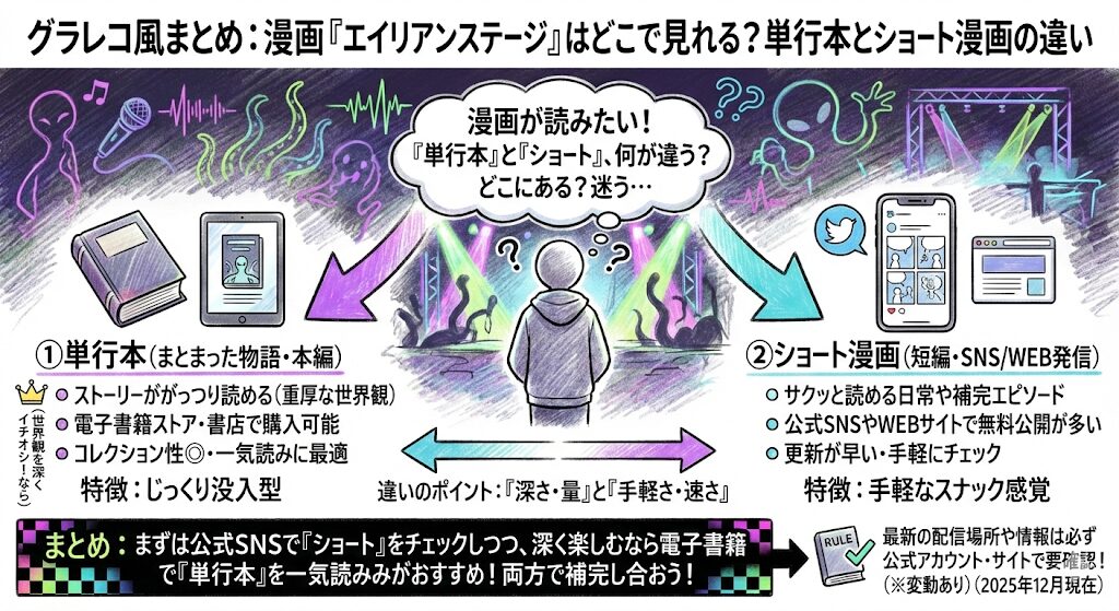 エイリアンステージの漫画はどこで見れる?単行本とショート漫画の違い