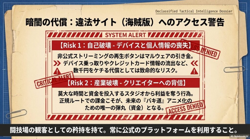 海賊版など違法動画サイトでグラップラー刃牙のアニメを視聴する際のマルウェア感染リスクとアニメ産業への悪影響