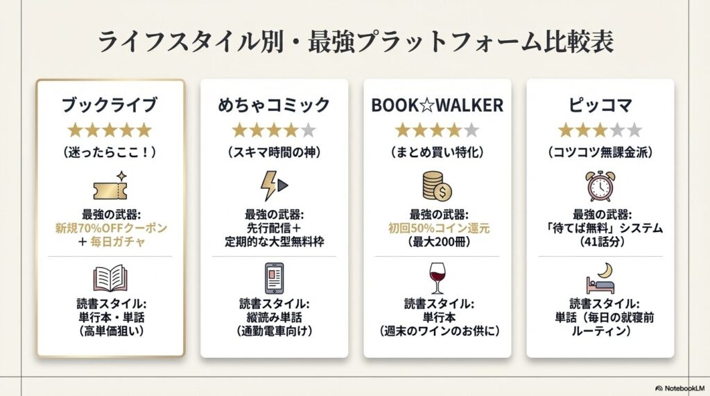 極道上司に愛されたらをお得に読めるライフスタイル別プラットフォーム比較表