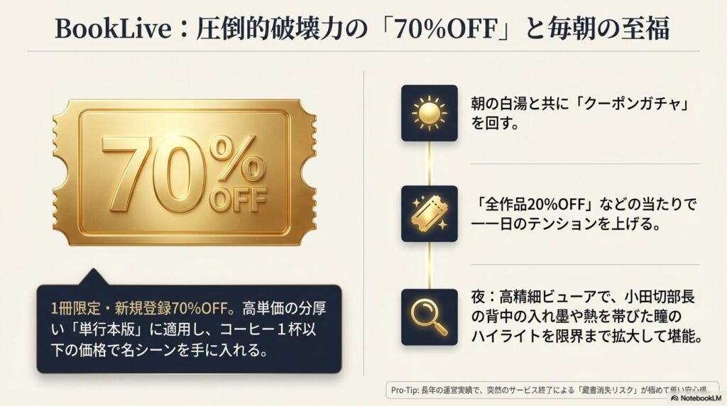 ブックライブの新規70%OFFクーポンと毎日ガチャの特典解説