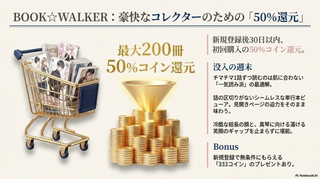 BOOK☆WALKERの初回50%コイン還元を利用した単行本のまとめ買い