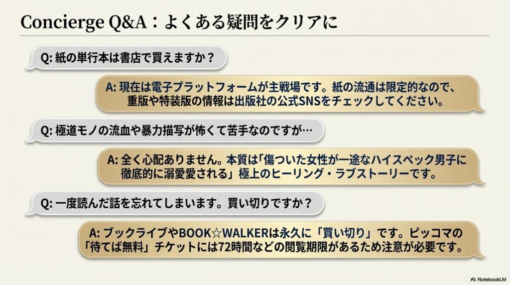 紙の単行本の発売状況や流血表現などのよくある疑問に答えるQ&A