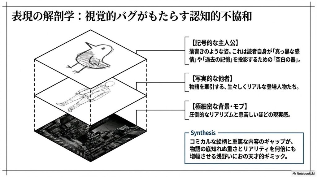 おやすみプンプンのシュールな描写と背景のギャップを解説する図。記号的な主人公と写実的な背景