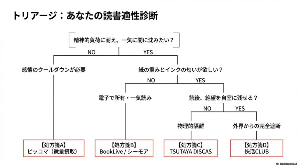 おやすみプンプンはどこで読めるか診断するトリアージ図。精神的負荷や好みに合わせた最適なサービス提案