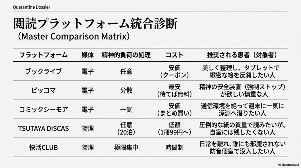 おやすみプンプンが読める各電子プラットフォームと物理媒体の統合比較マトリクス表