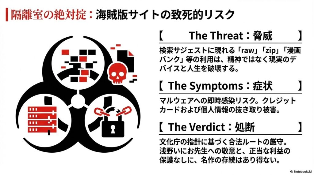 海賊版サイトの致死的リスクを示す警告アイコン。マルウェア感染や個人情報流出のリスク